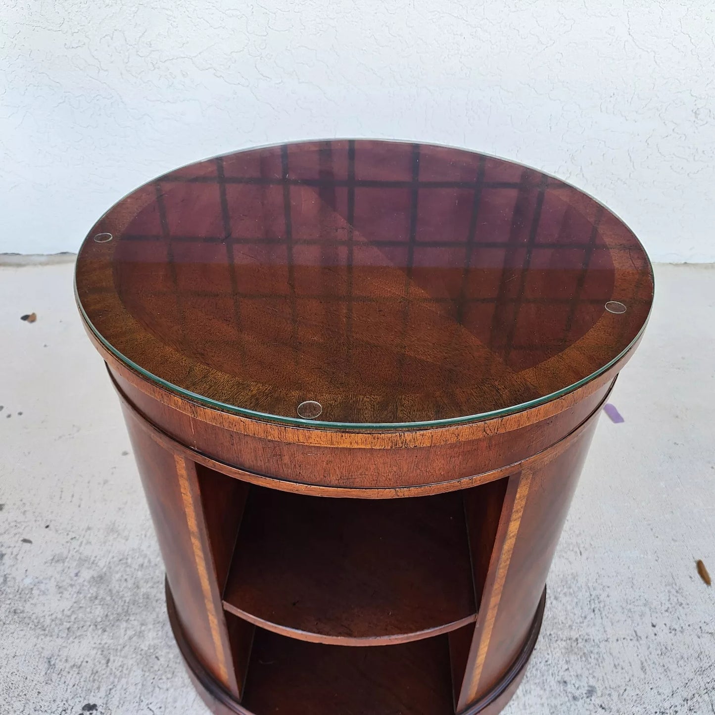 BAKER Drum Center Side Table Banded Mahogany Glass Top