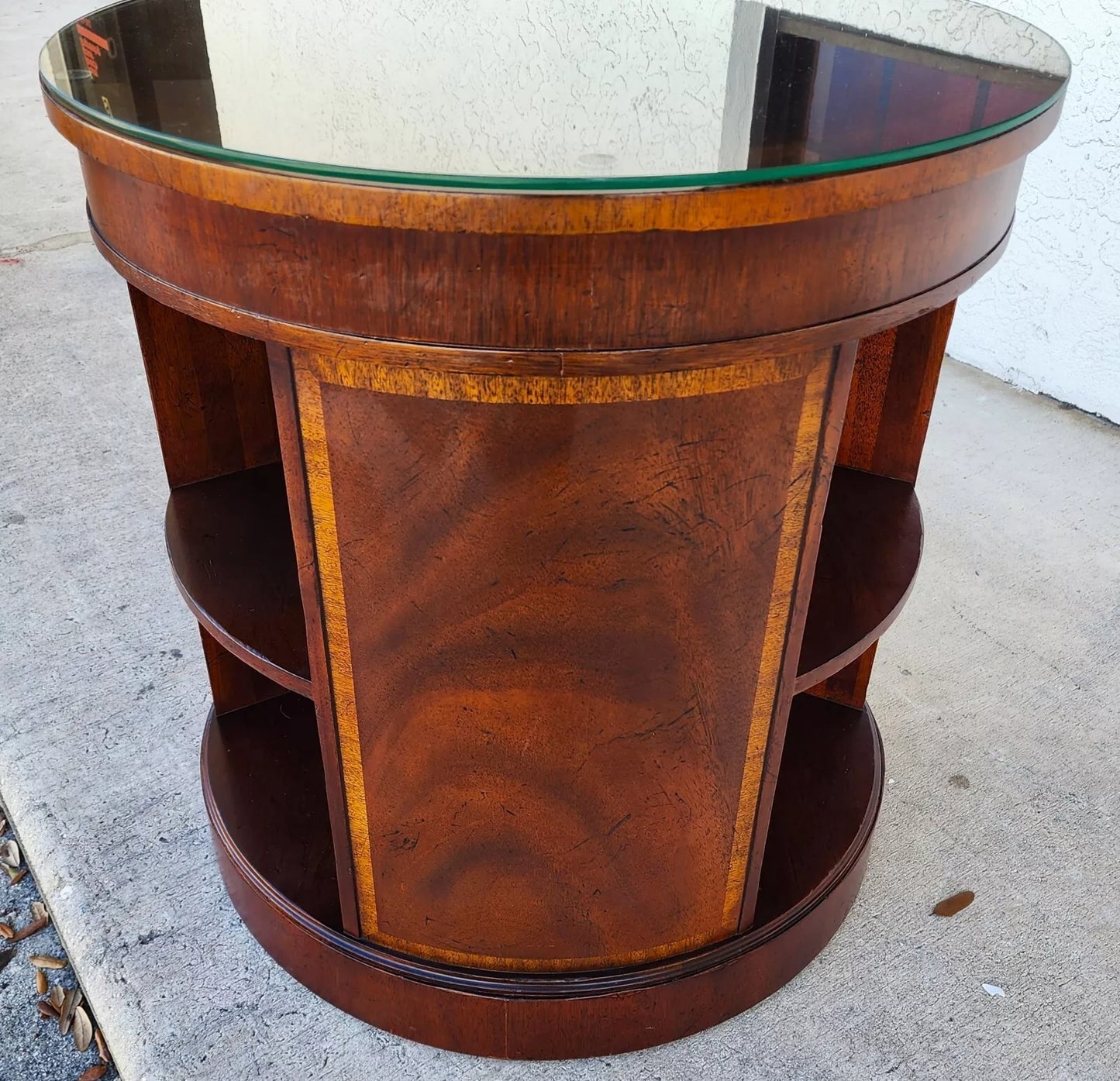 BAKER Drum Center Side Table Banded Mahogany Glass Top