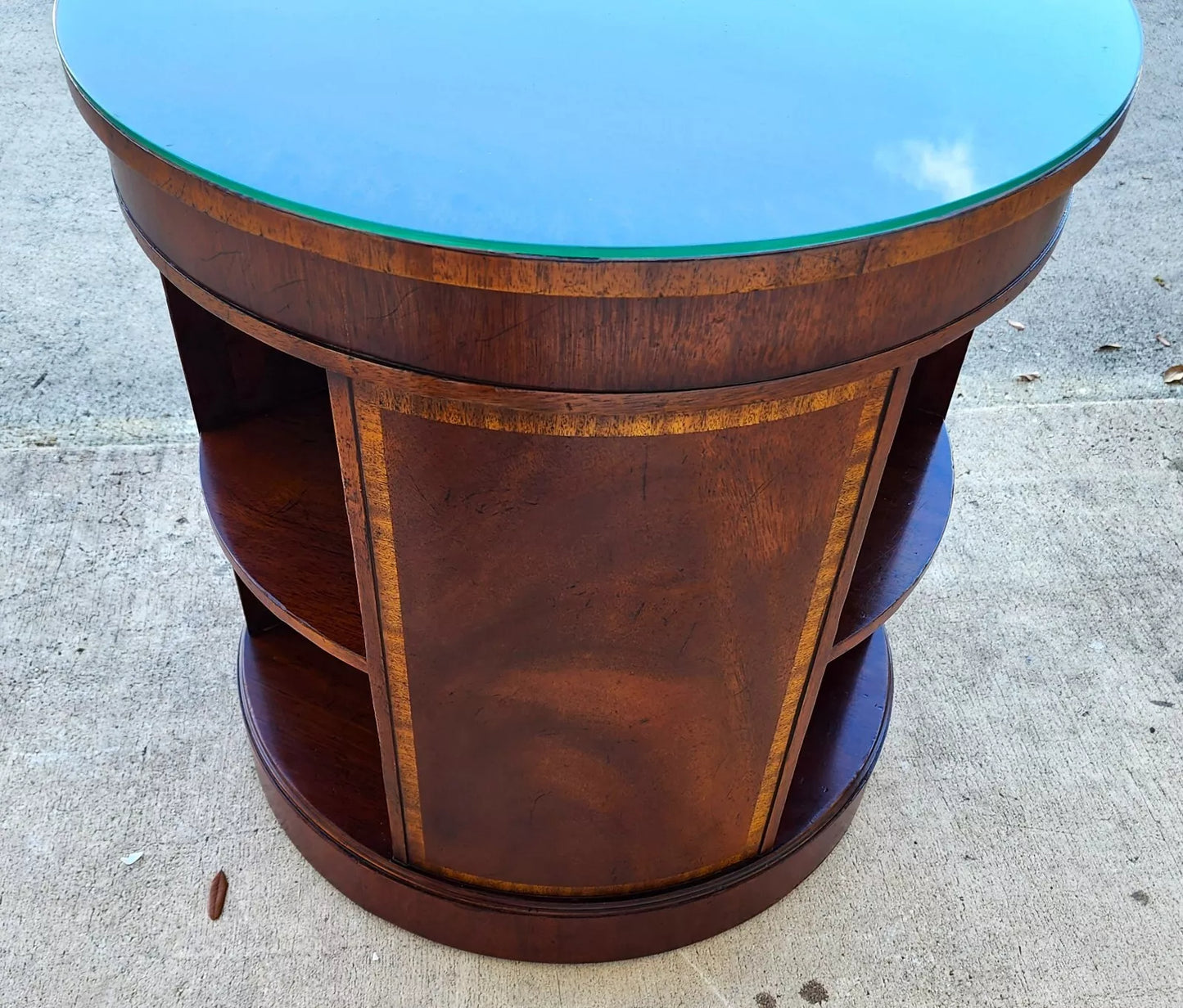 BAKER Drum Center Side Table Banded Mahogany Glass Top