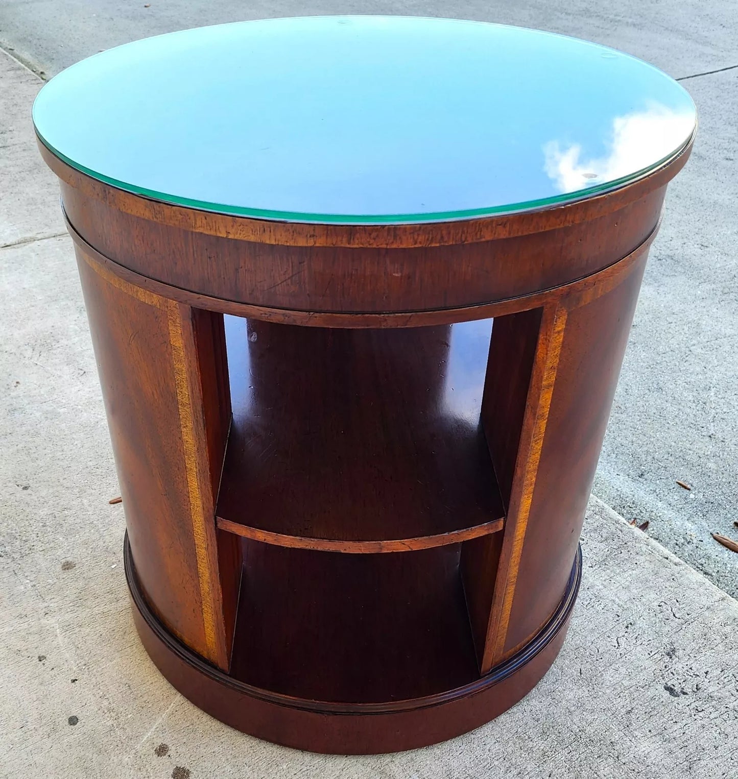 BAKER Drum Center Side Table Banded Mahogany Glass Top