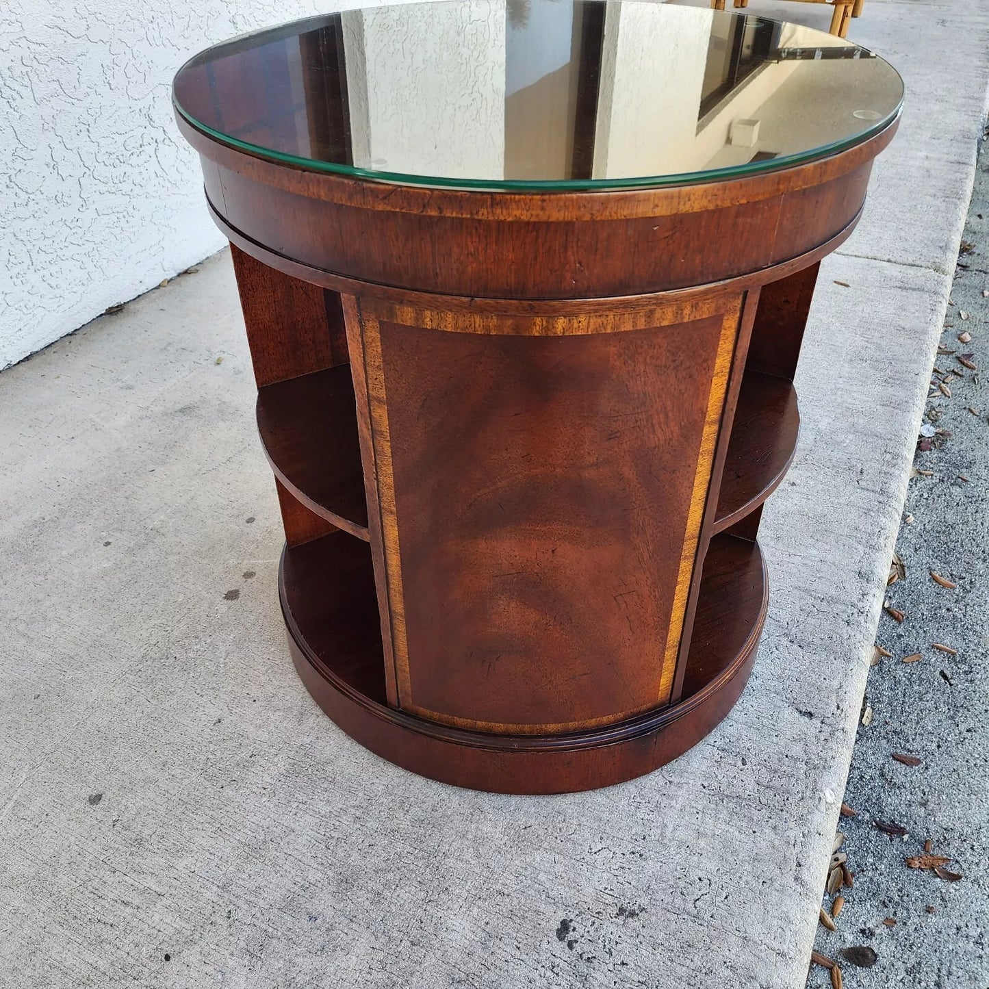 BAKER Drum Center Side Table Banded Mahogany Glass Top