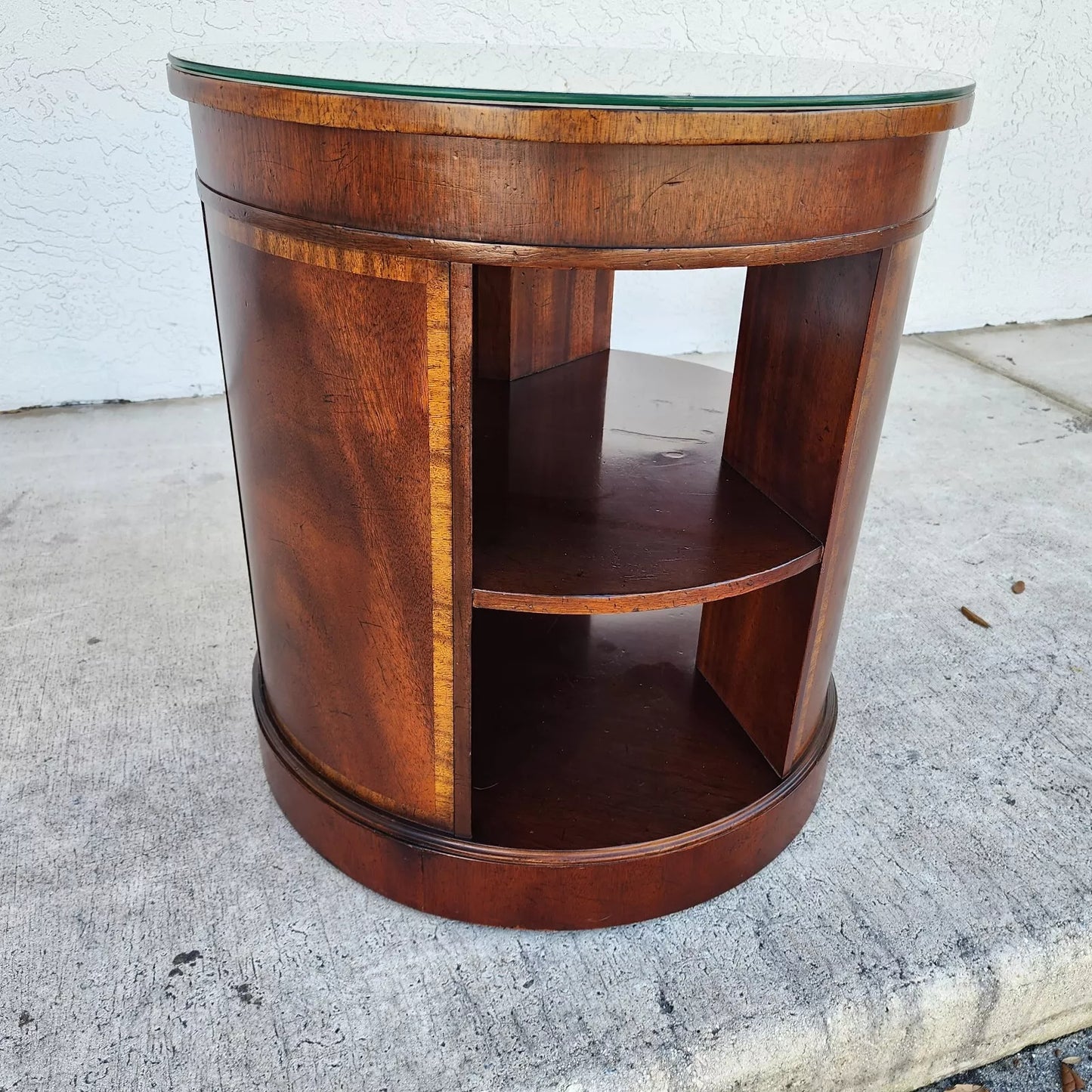 BAKER Drum Center Side Table Banded Mahogany Glass Top