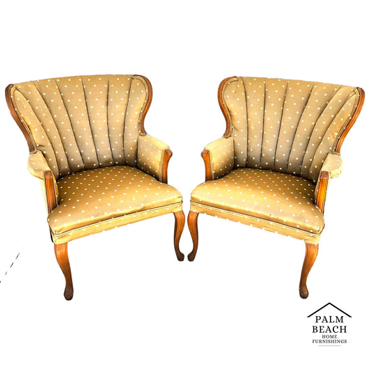 Vintage Queen Anne Channel Wingback Armchairs Pair