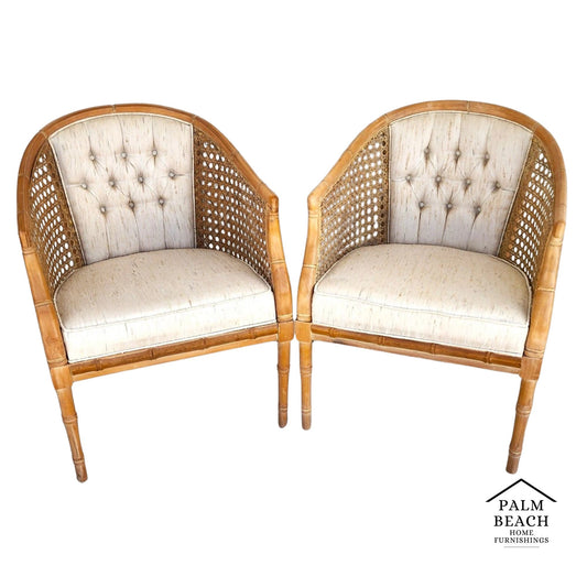 Vintage French Faux Bamboo Cane Linen Chairs Pair