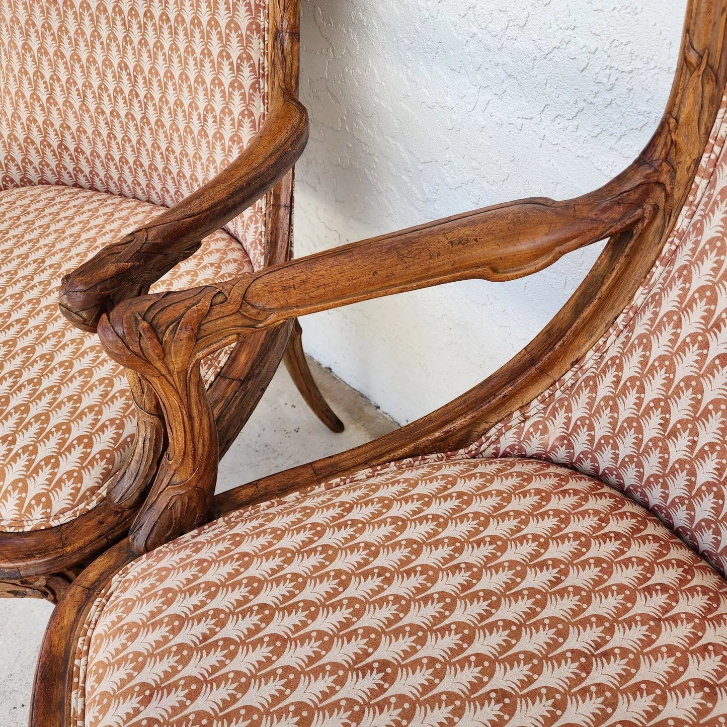 Antique Hand Carved Armchairs Solid Wood Cattails Shells Pair