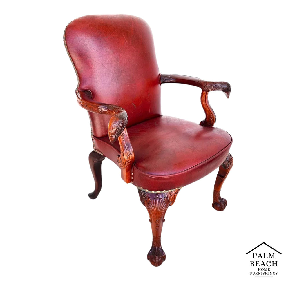 Vintage Georgian Mahogany Carved Eagle Leather Armchair