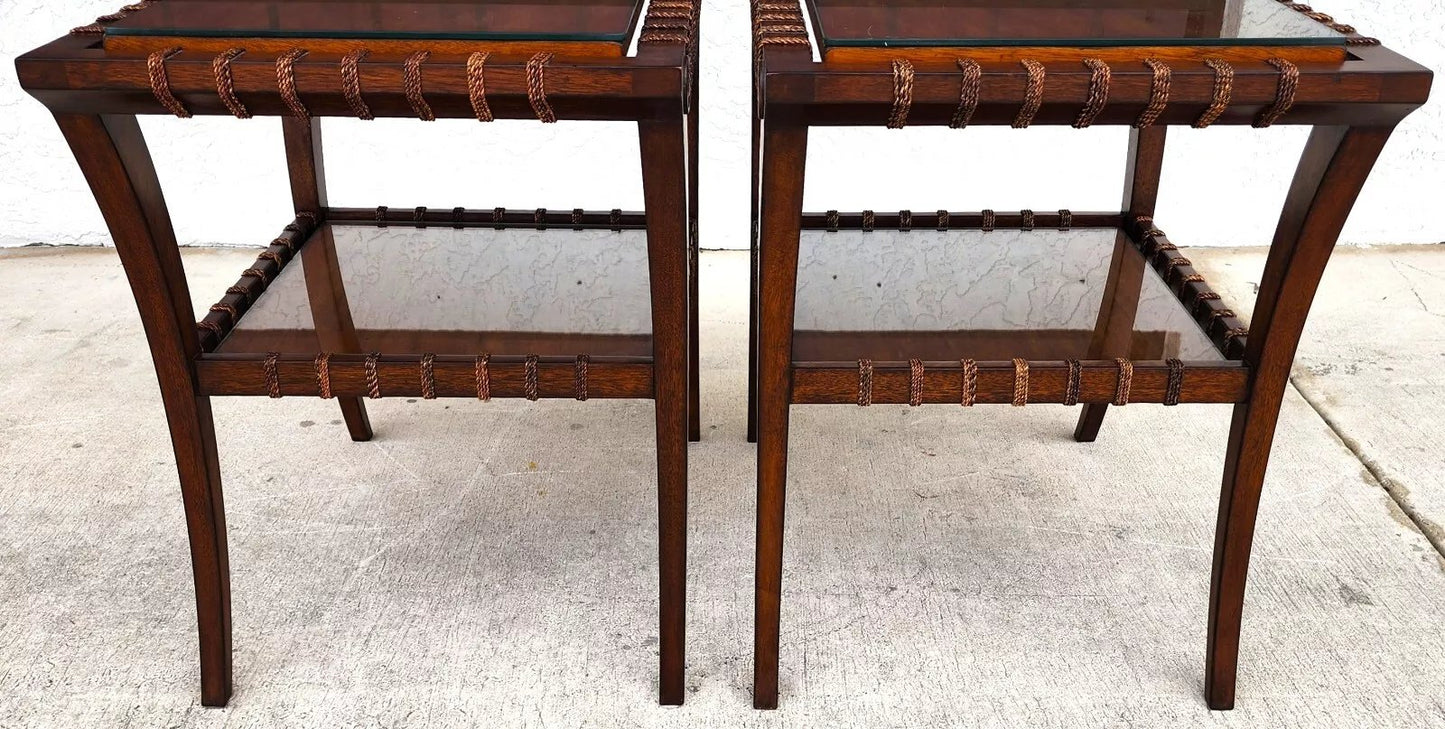 Vintage Teak Klismos Side Tables with Glass Pair