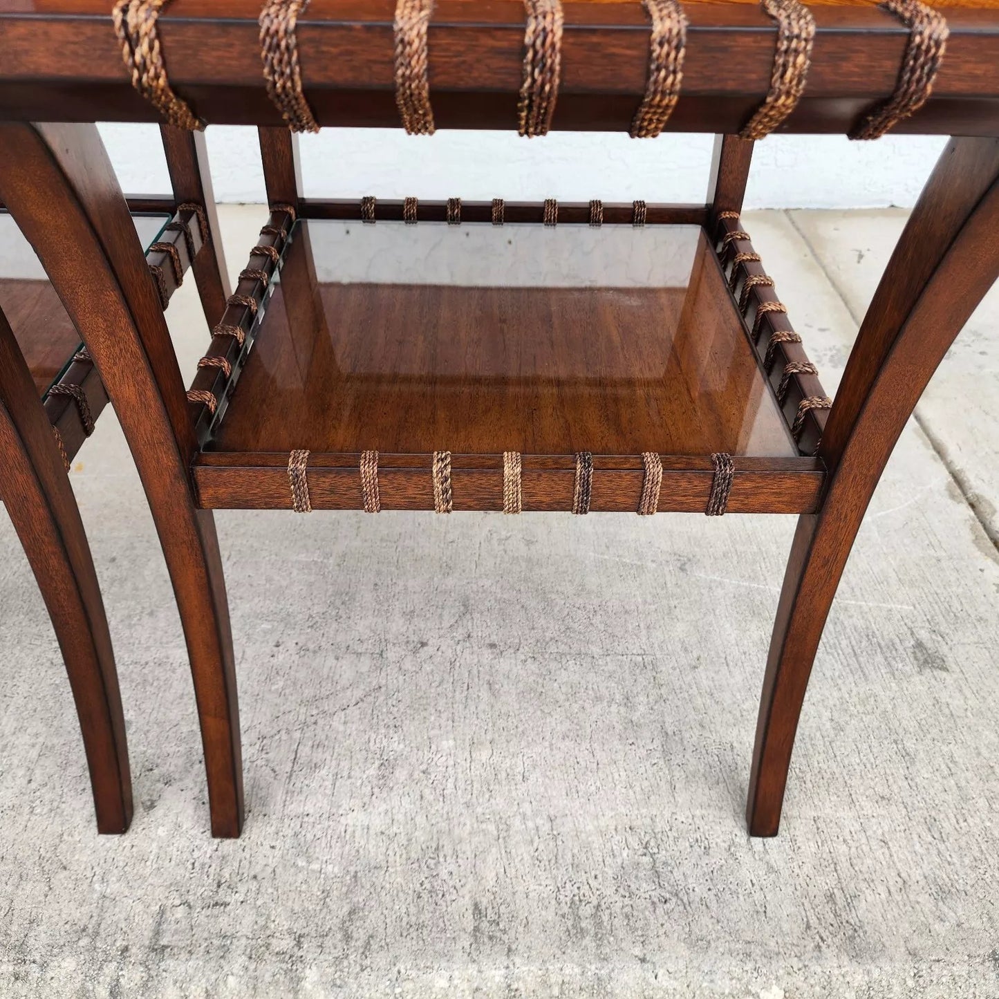 Vintage Teak Klismos Side Tables with Glass Pair