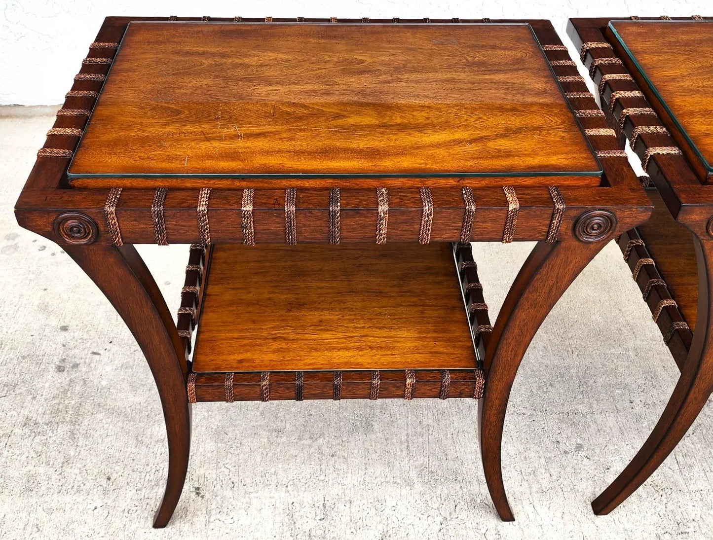 Vintage Teak Klismos Side Tables with Glass Pair