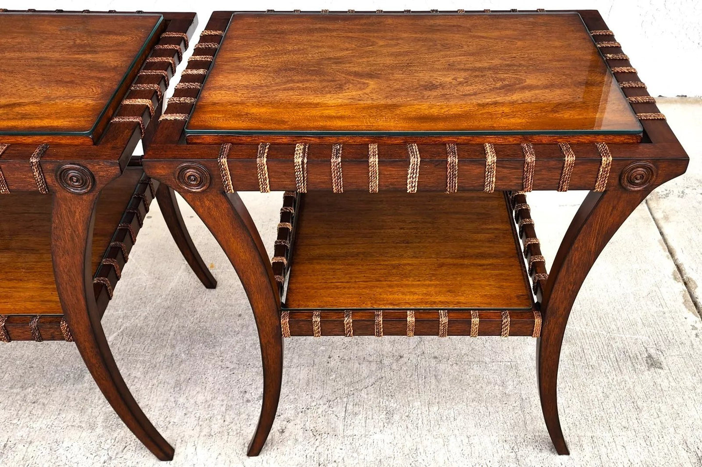 Vintage Teak Klismos Side Tables with Glass Pair