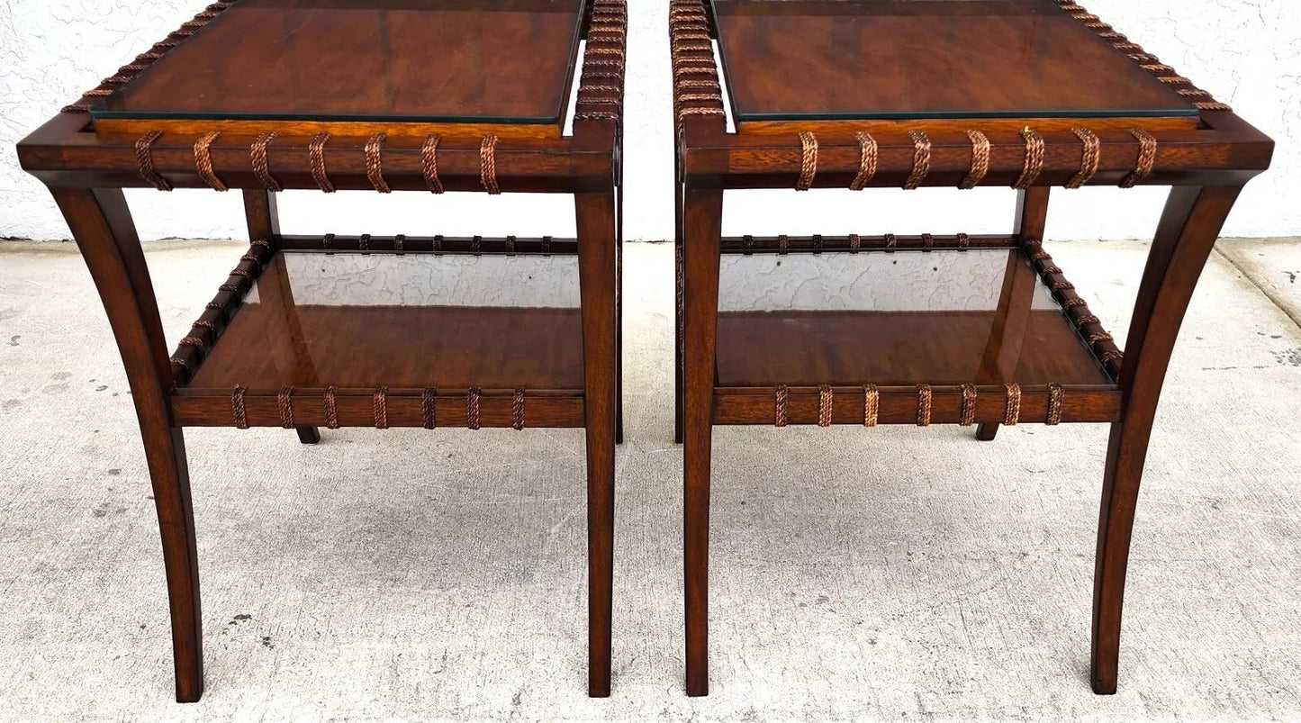 Vintage Teak Klismos Side Tables with Glass Pair