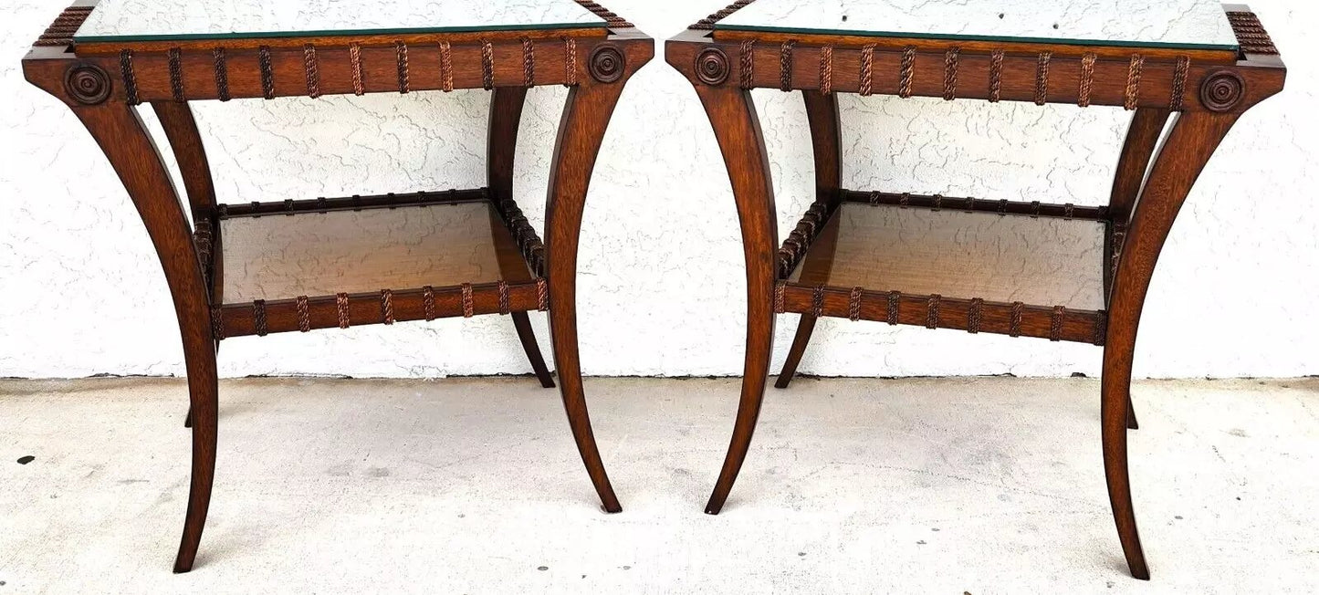 Vintage Teak Klismos Side Tables with Glass Pair