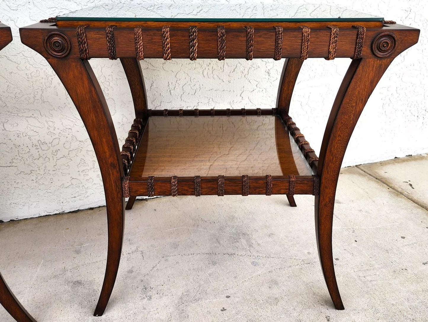 Vintage Teak Klismos Side Tables with Glass Pair