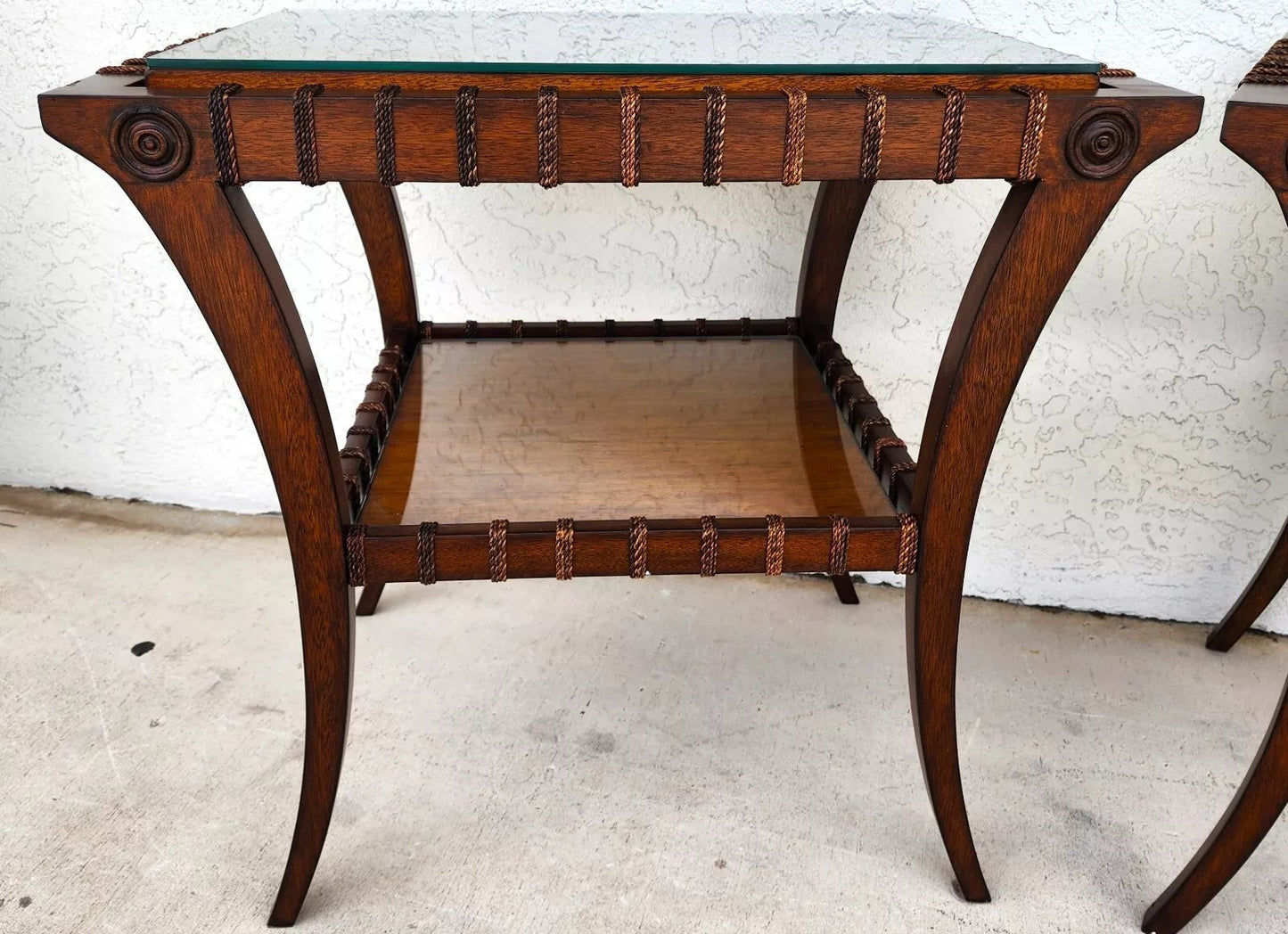 Vintage Teak Klismos Side Tables with Glass Pair