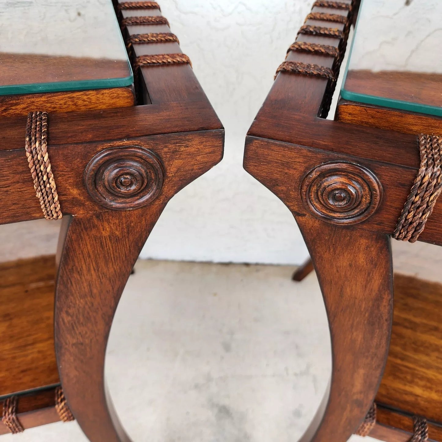 Vintage Teak Klismos Side Tables with Glass Pair