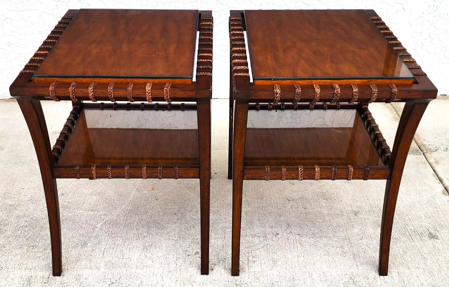 Vintage Teak Klismos Side Tables with Glass Pair