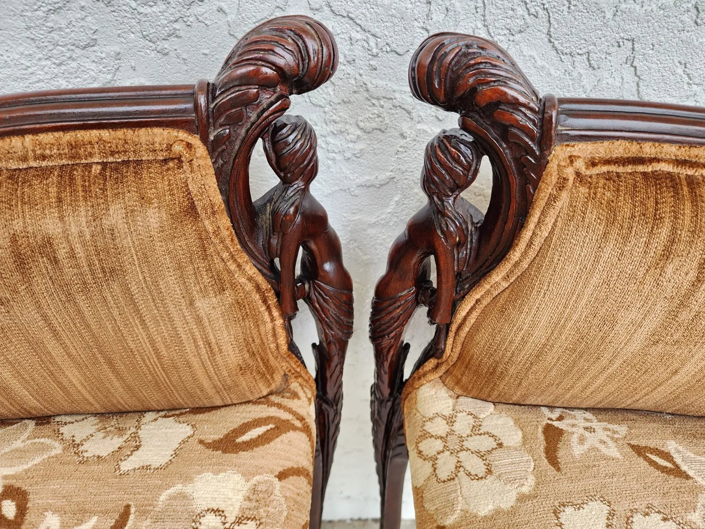 GROSFELD HOUSE Armchairs Walnut Nude Carvings Bergere