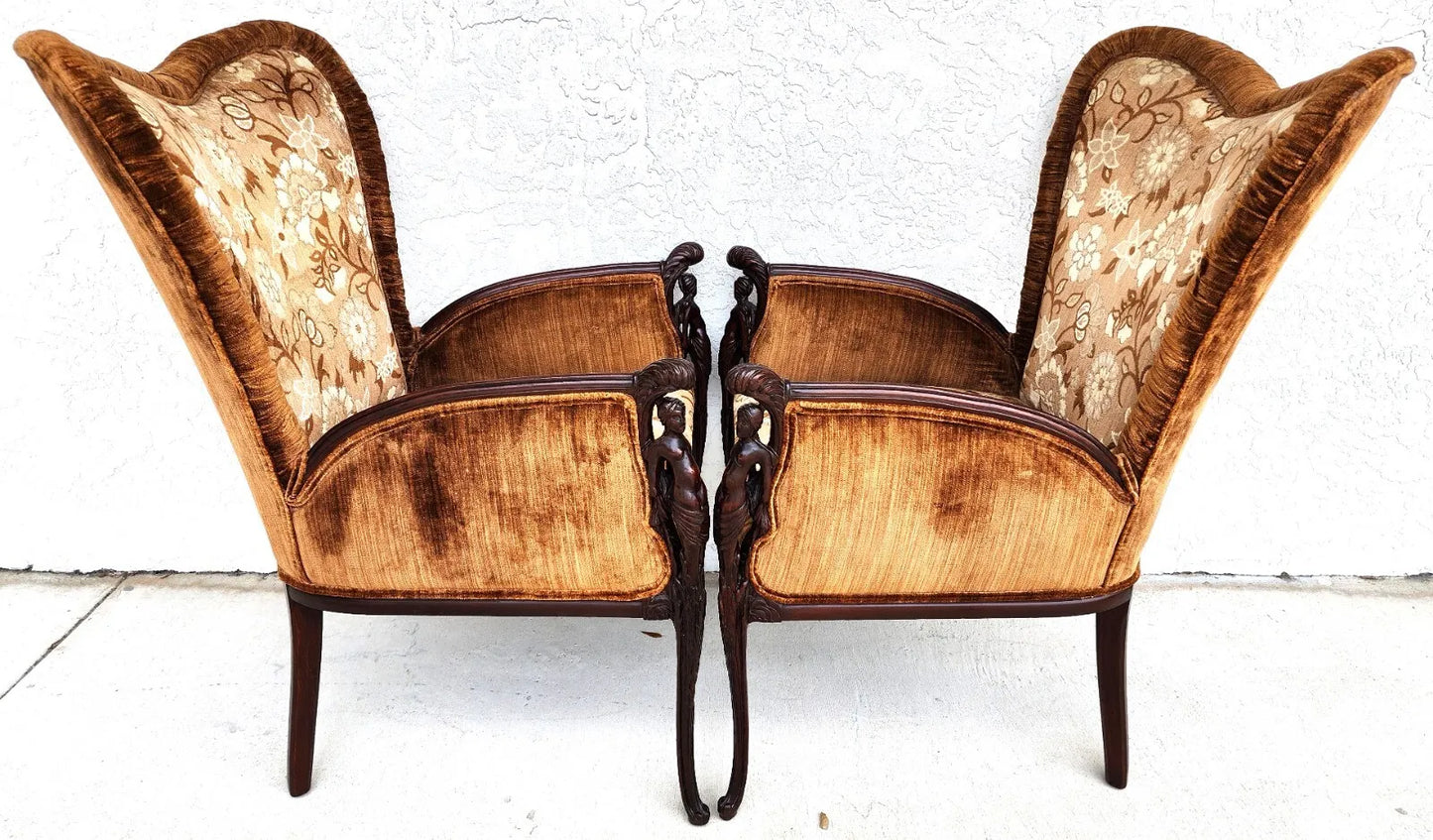 GROSFELD HOUSE Armchairs Walnut Nude Carvings Bergere