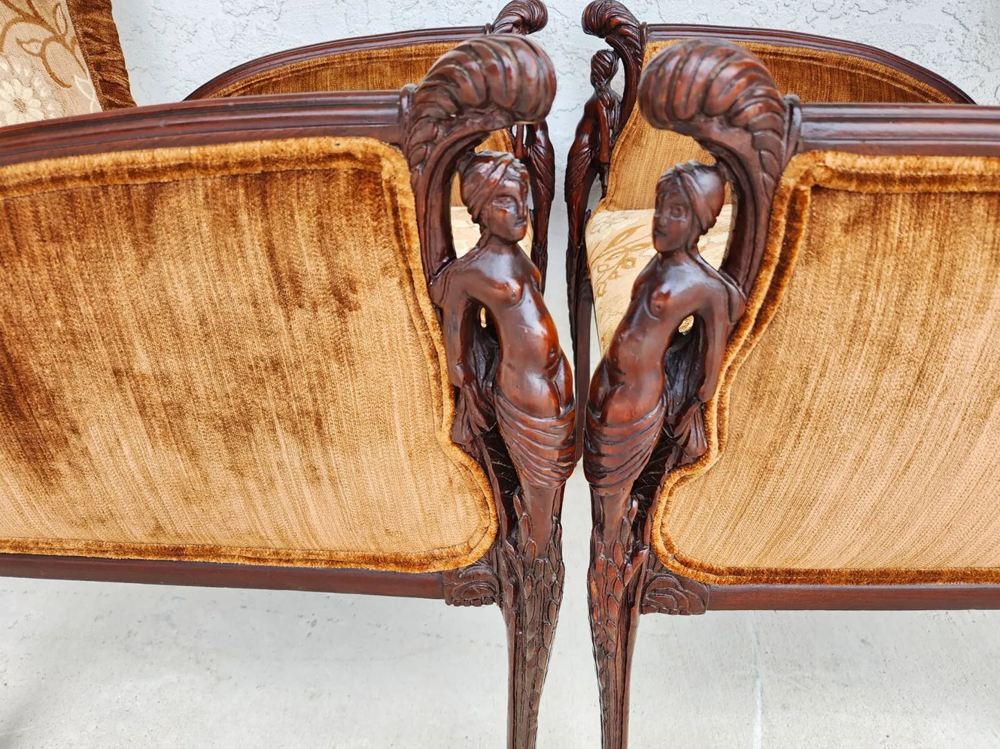 GROSFELD HOUSE Armchairs Walnut Nude Carvings Bergere