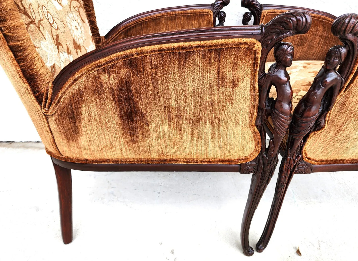 GROSFELD HOUSE Armchairs Walnut Nude Carvings Bergere