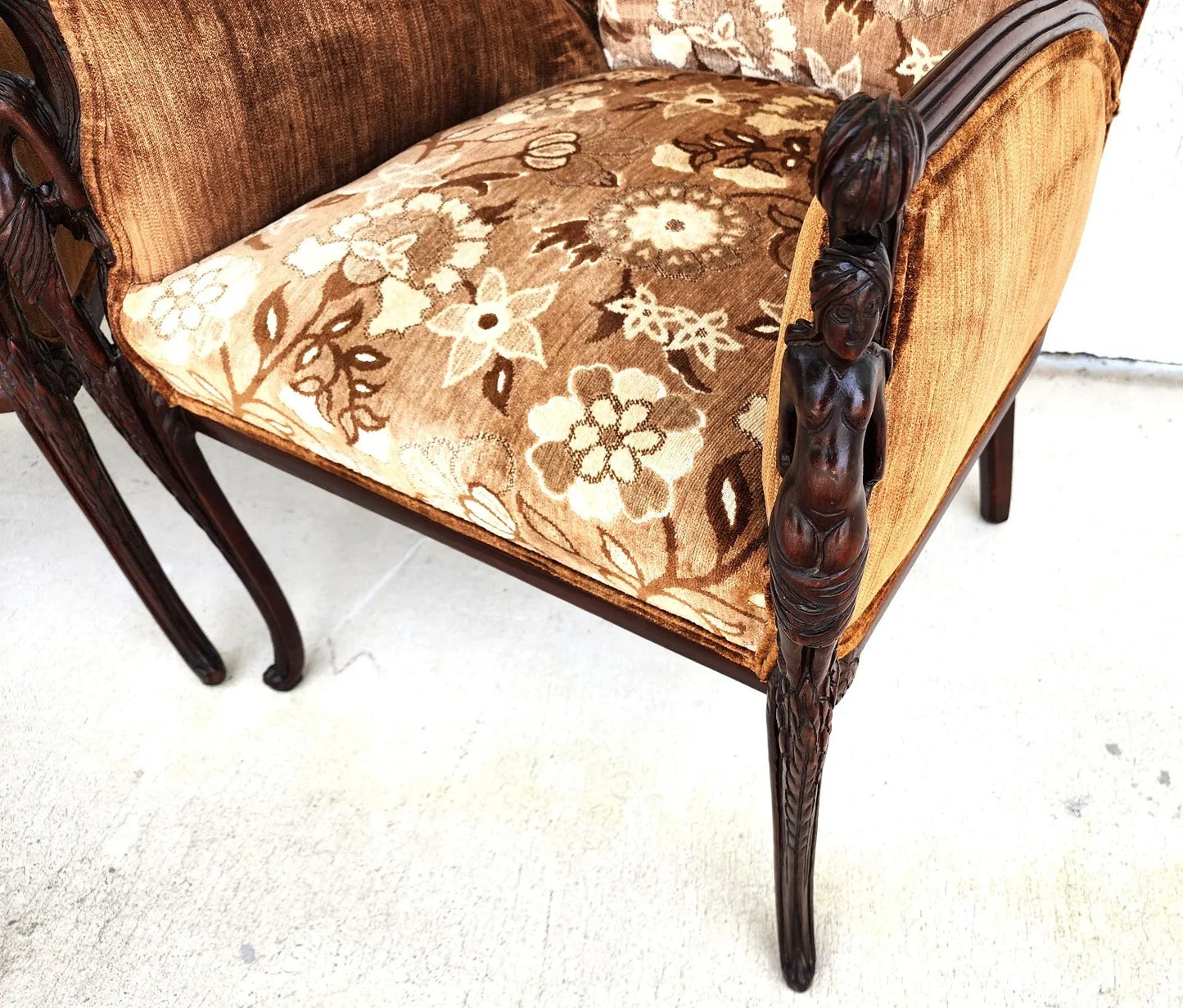 GROSFELD HOUSE Armchairs Walnut Nude Carvings Bergere