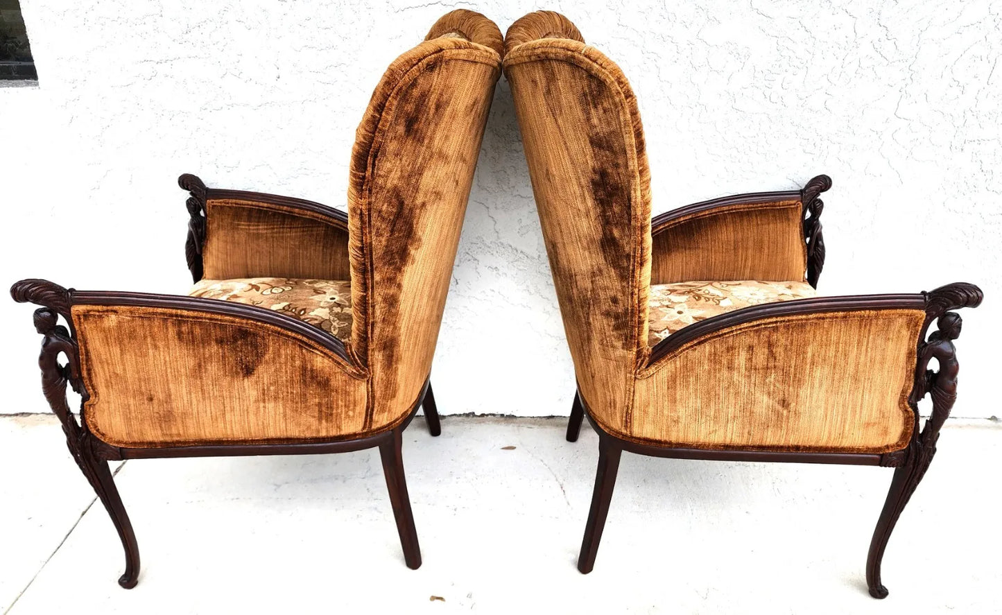 GROSFELD HOUSE Armchairs Walnut Nude Carvings Bergere