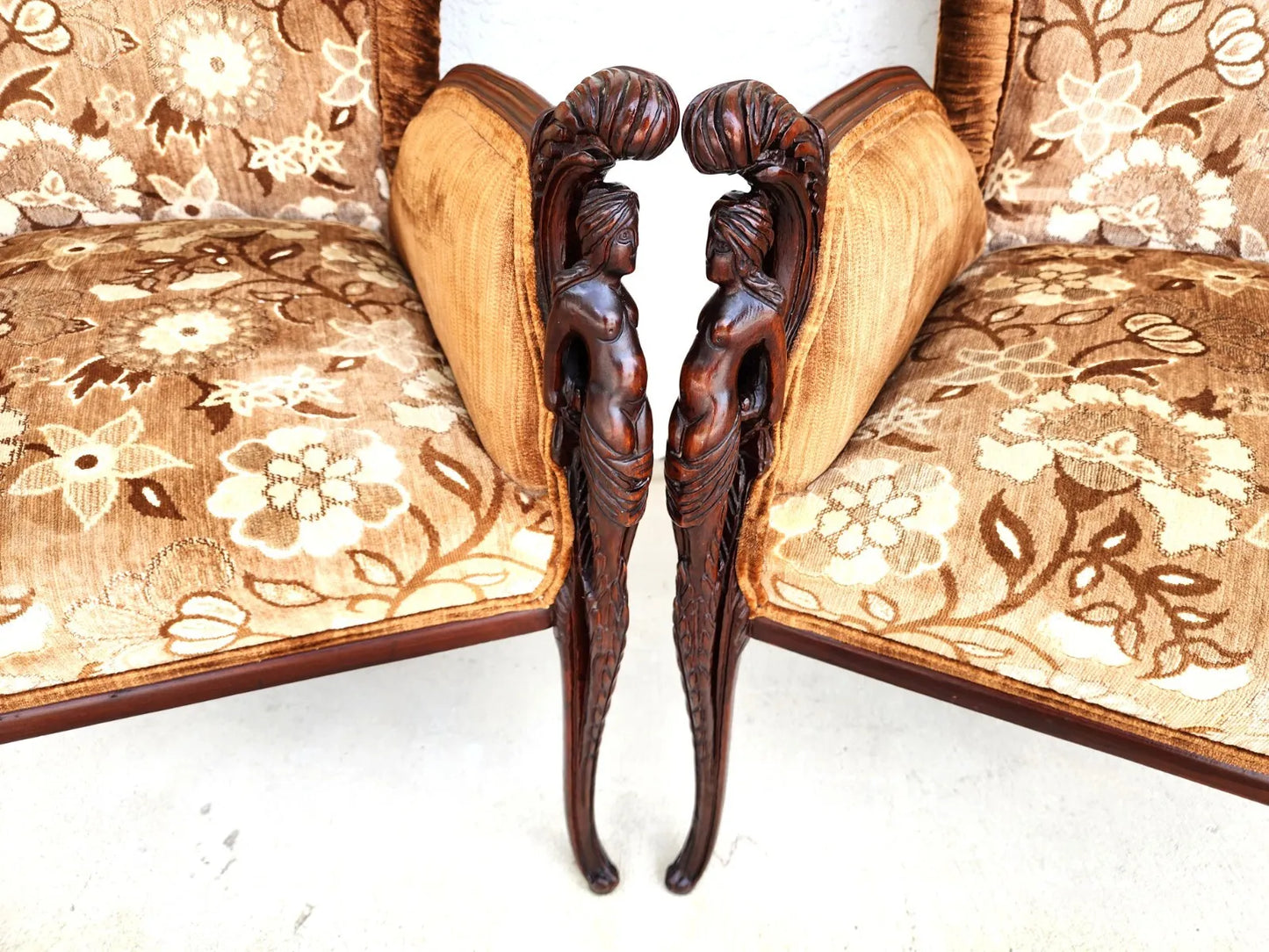 GROSFELD HOUSE Armchairs Walnut Nude Carvings Bergere