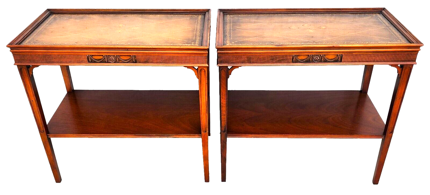 Italian Side Tables Leather Top Vintage Pair