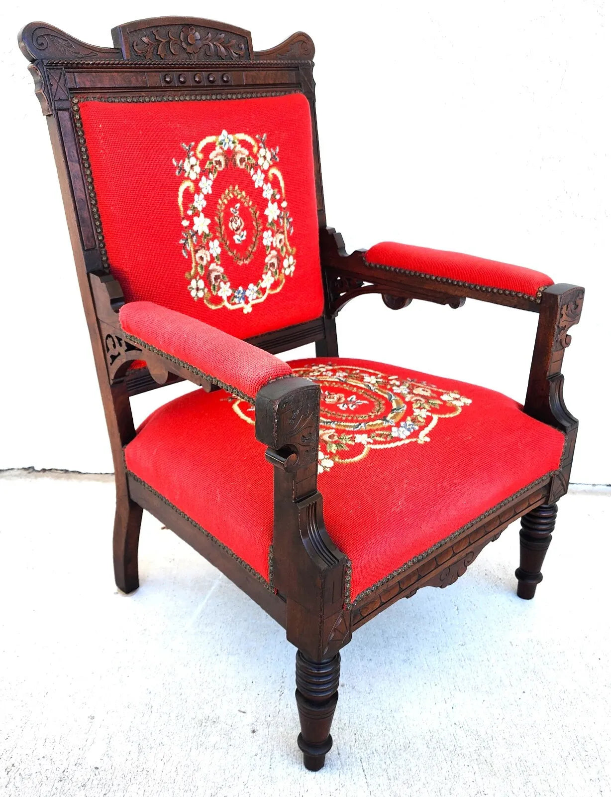 Antique Armchair Victorian Empire Needlepoint