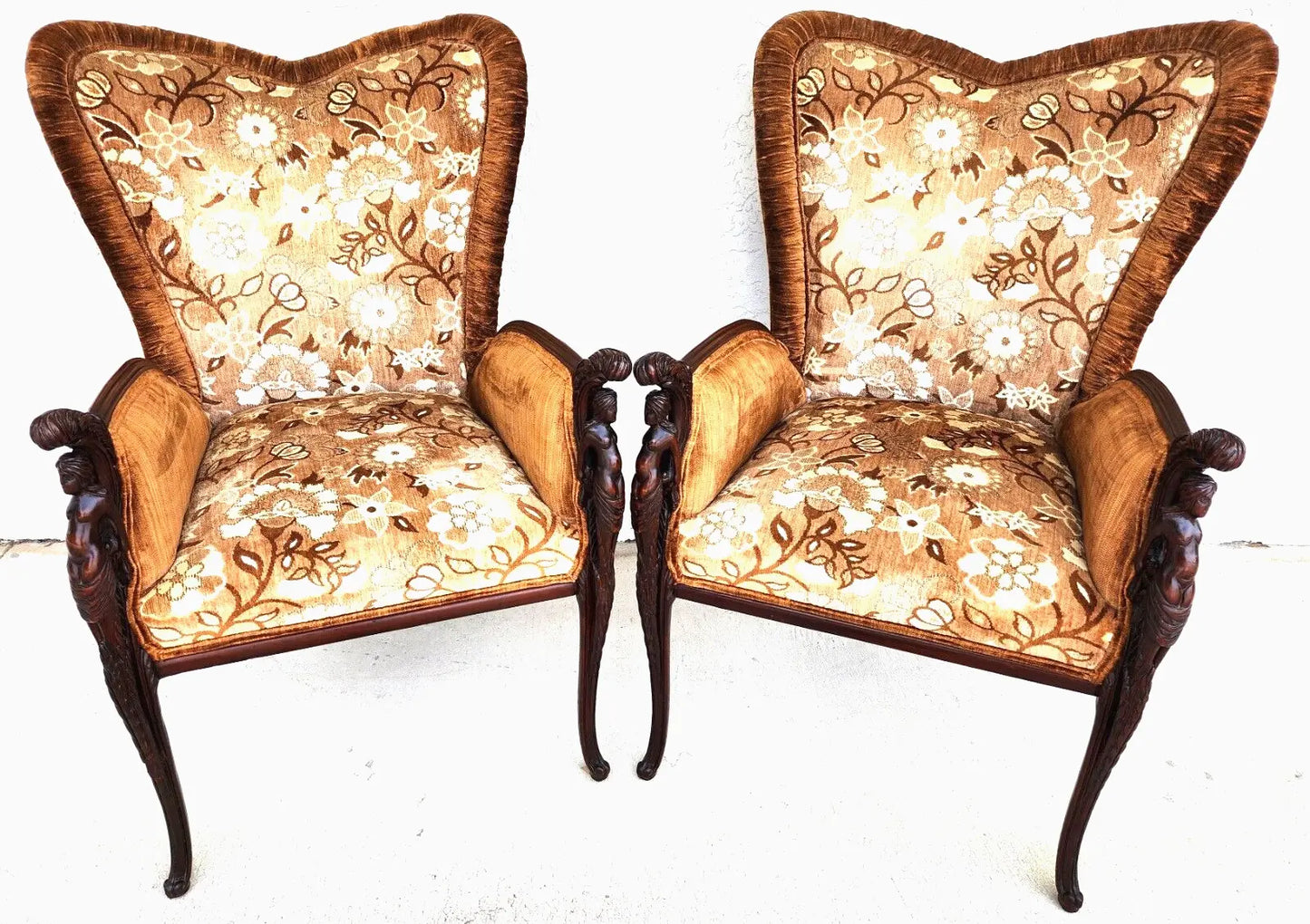 GROSFELD HOUSE Armchairs Walnut Nude Carvings Bergere