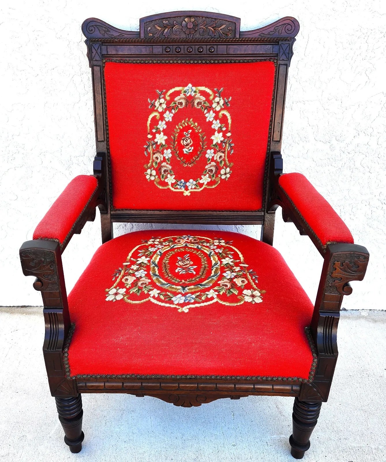 Antique Armchair Victorian Empire Needlepoint