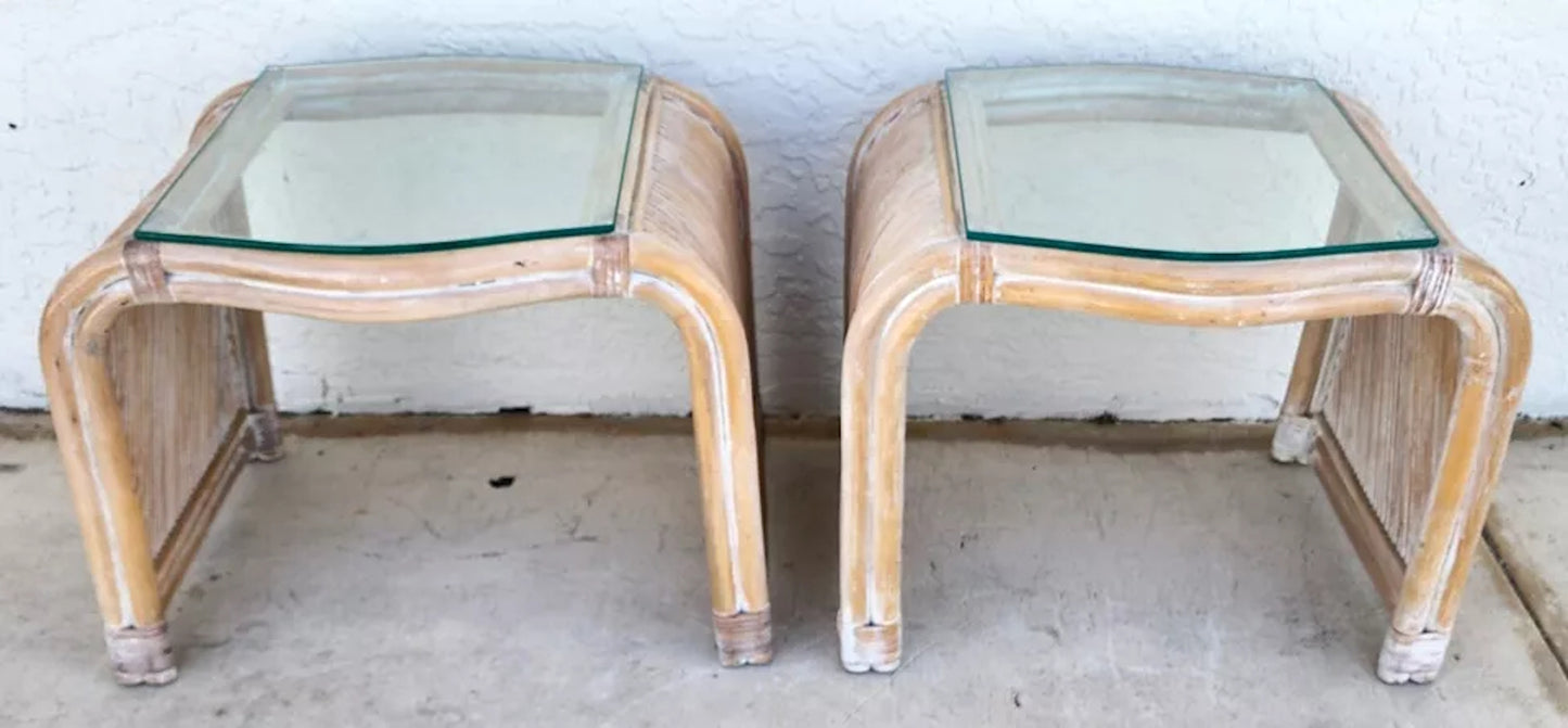 Set of Blonde Bamboo Waterfall Side Console Tables