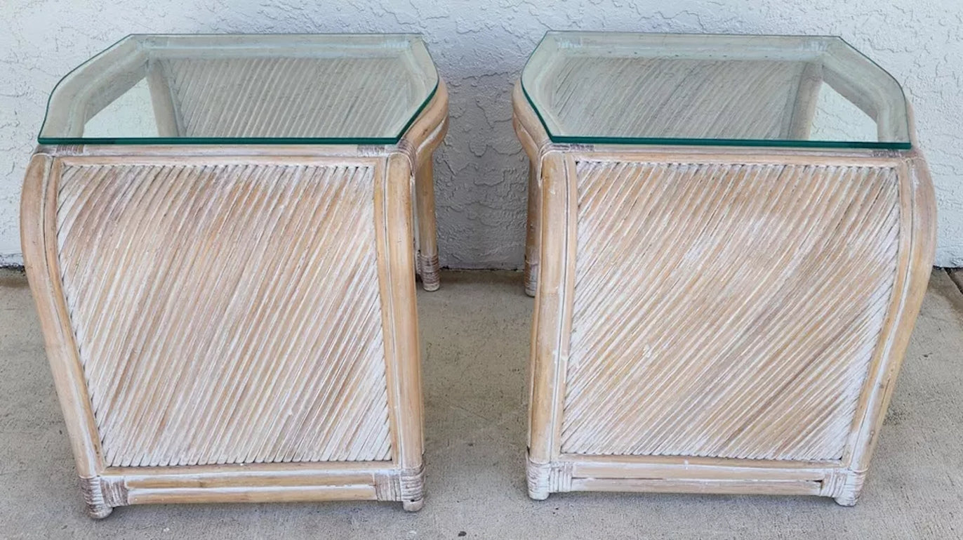 Set of Blonde Bamboo Waterfall Side Console Tables