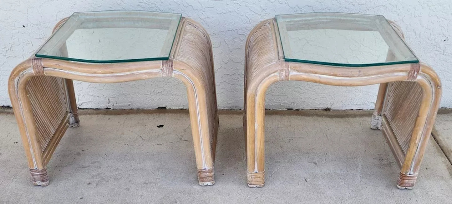 Set of Blonde Bamboo Waterfall Side Console Tables