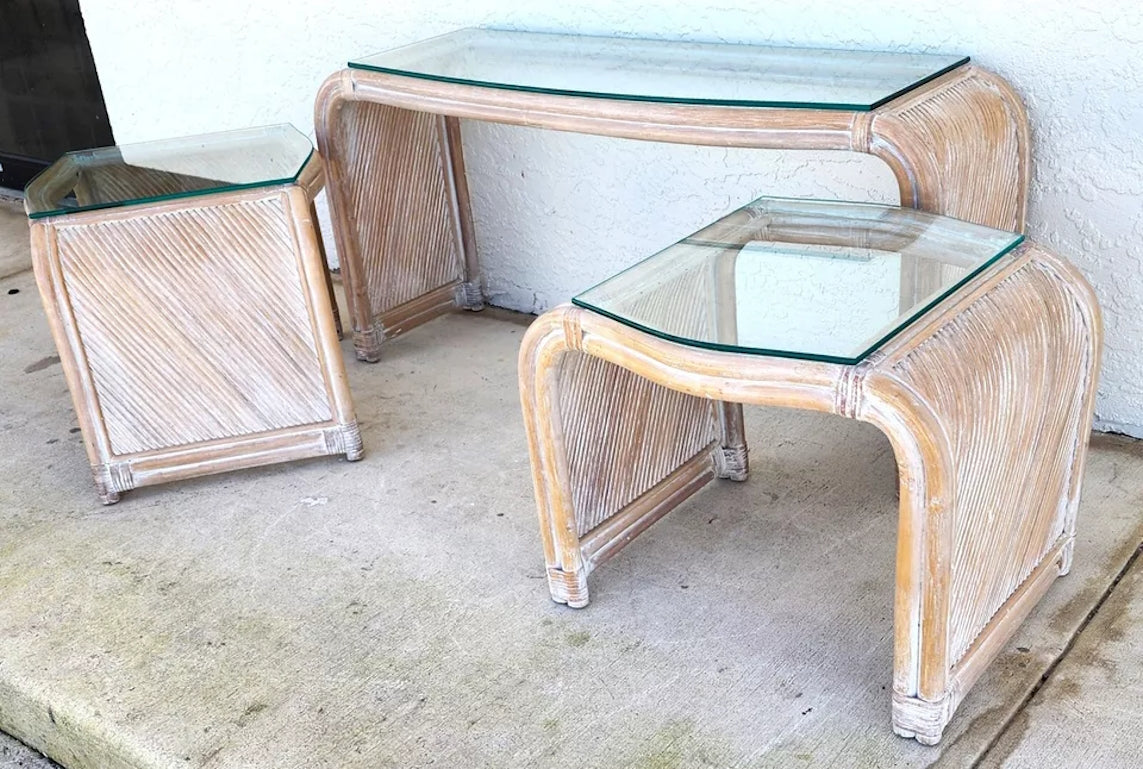 Set of Blonde Bamboo Waterfall Side Console Tables