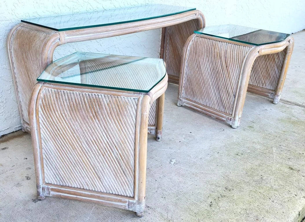 Set of Blonde Bamboo Waterfall Side Console Tables