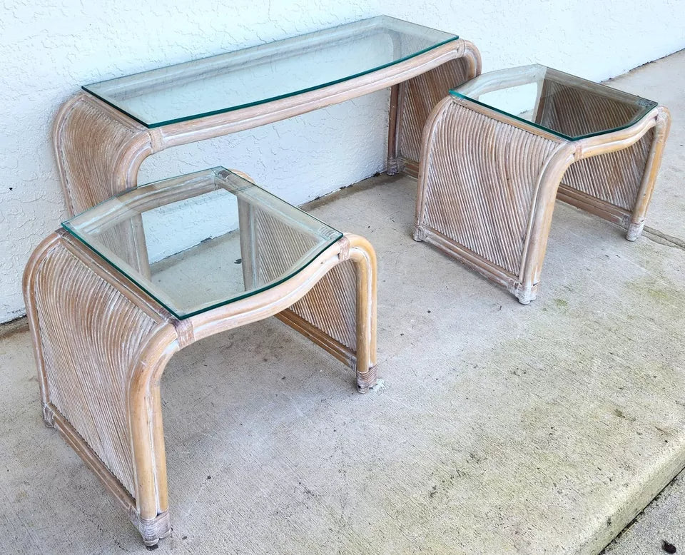 Set of Blonde Bamboo Waterfall Side Console Tables