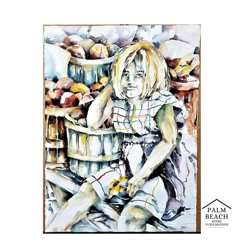 Large Original Watercolor Painting of Girl Selling Fruit Vegetables 30" x 22"