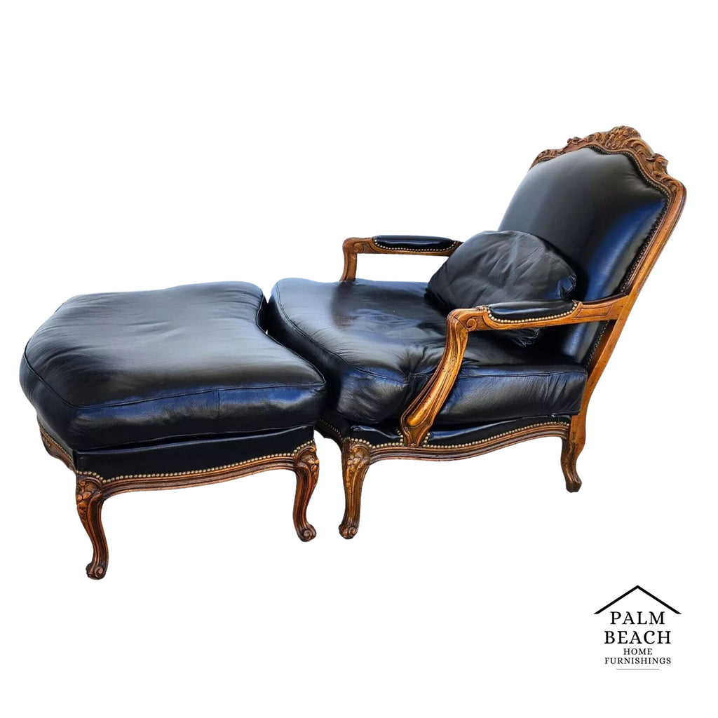 Chateau Dax Leather Lounge Chair & Ottoman French Provincial