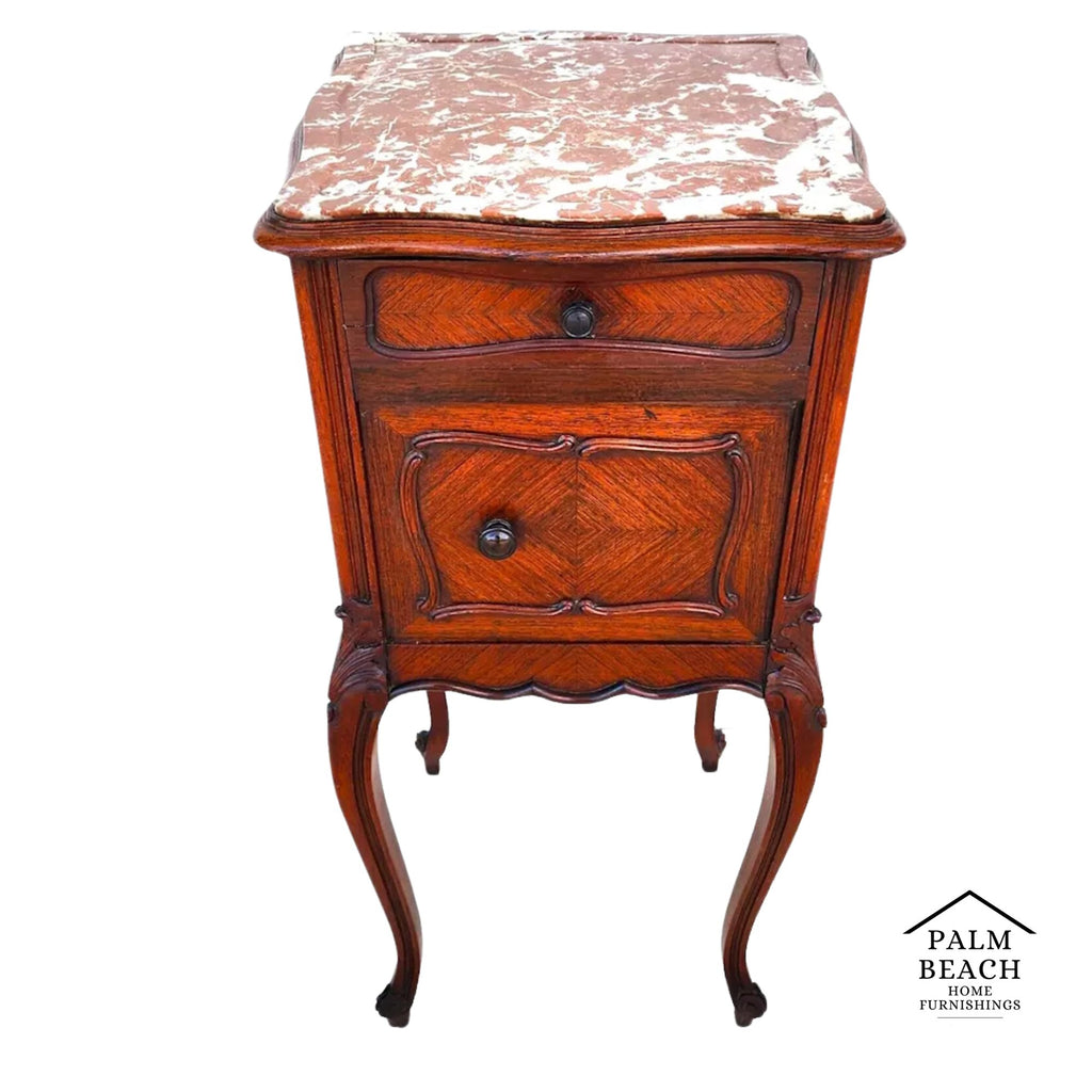 French Bedside Cabinet End Table Walnut & Marble