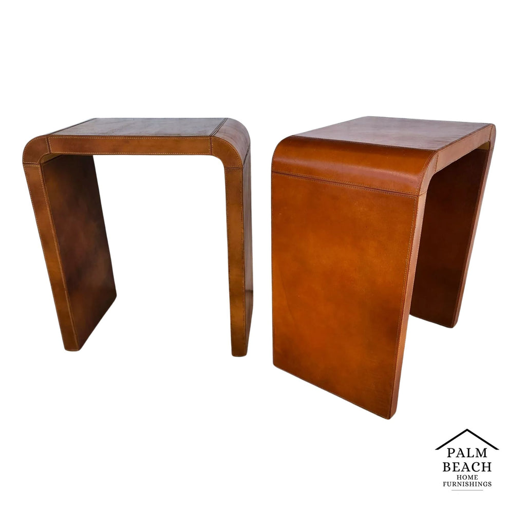 MCM Leather Wrapped Side Tables Waterfall Pair