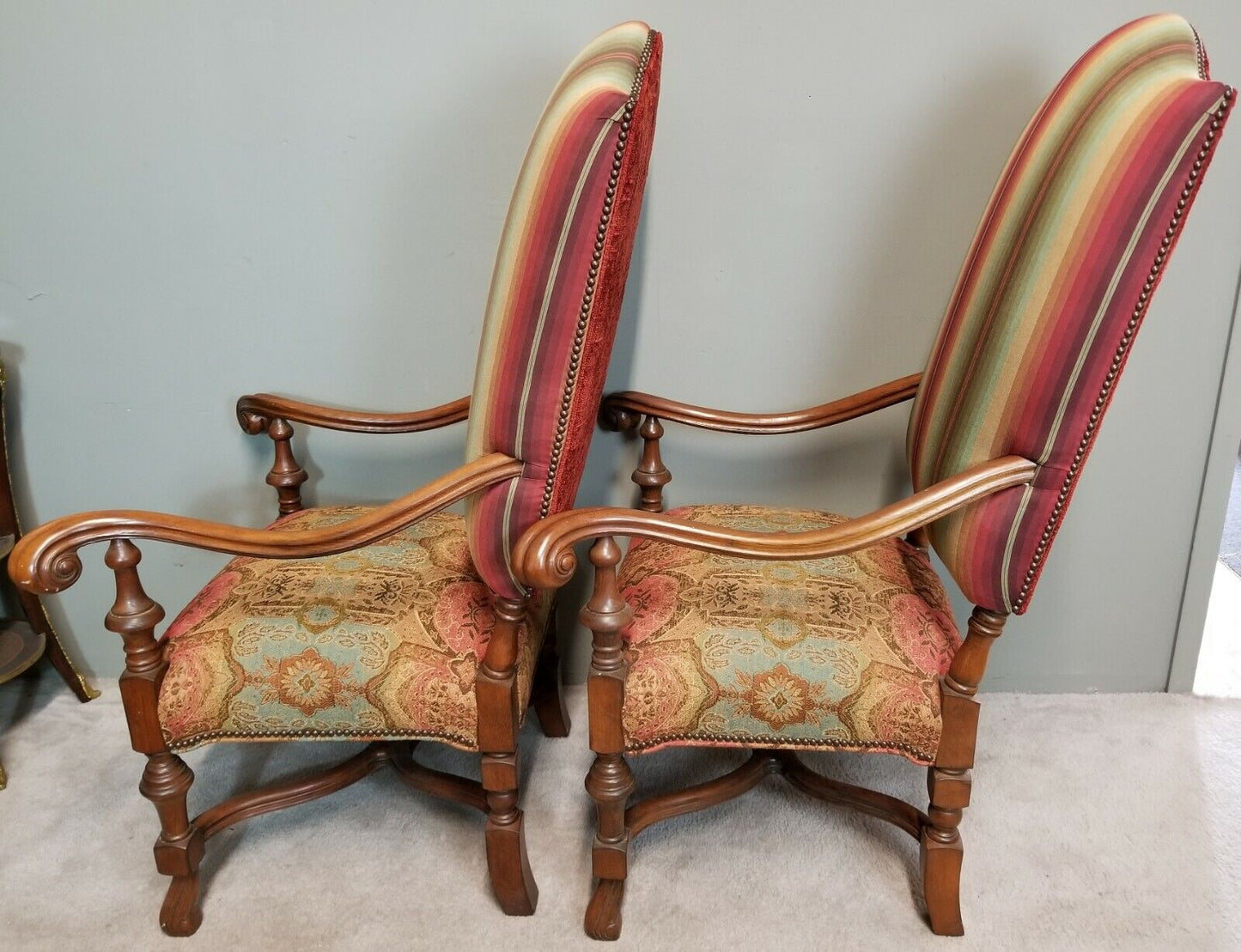 Pair of Antique 1930's French Louis XIV Style Carved Throne Armchairs
