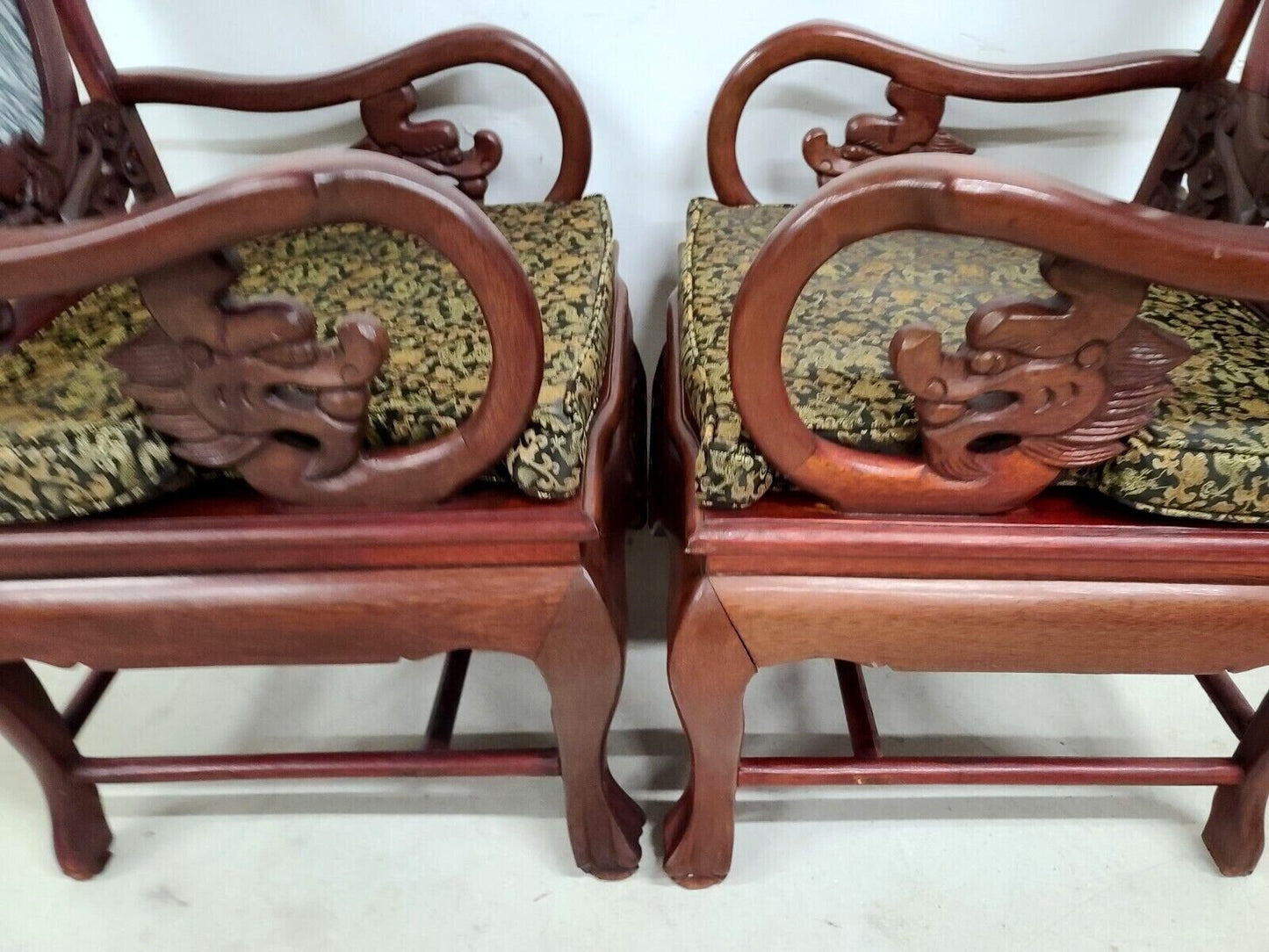 Mid Century Chinese Asian Rosewood & Marble Armchairs - A Pair