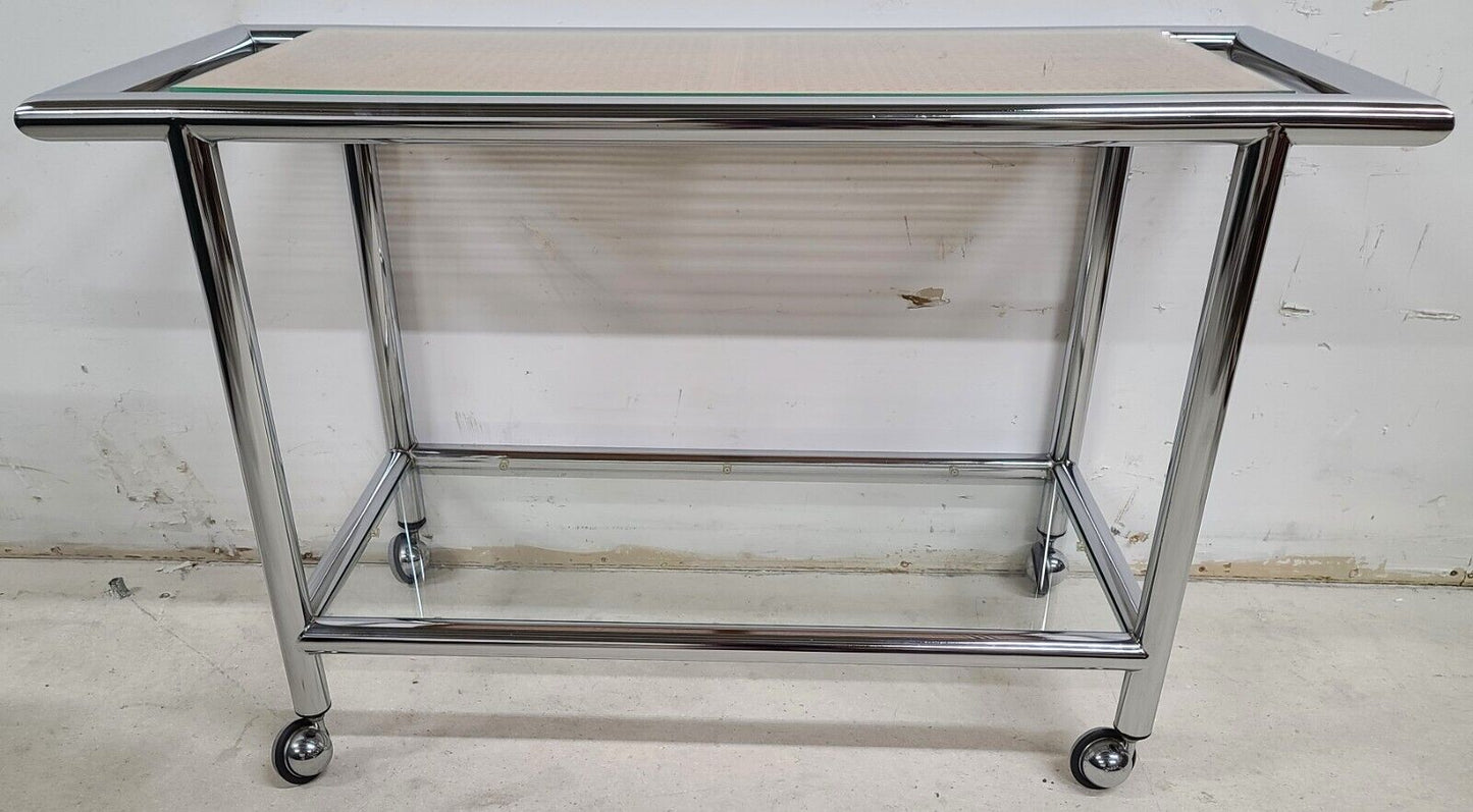 MCM 1970s Chrome Wicker Glass Rolling Bar Serving Cart