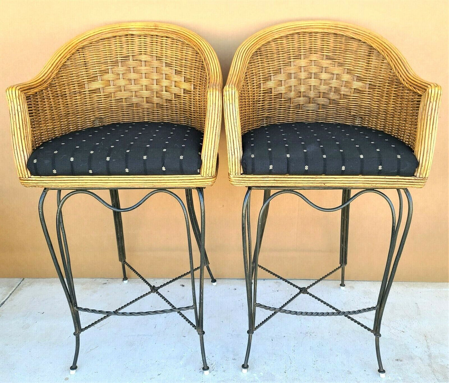 BRAXTON CULLER Wicker & Wrought Iron Swivel Barstools - A Pair