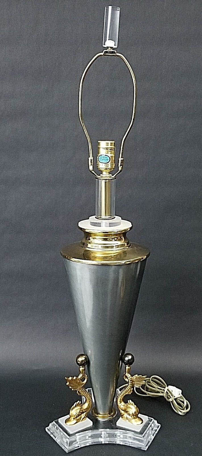 1990's Monumental Bauer Lamp Co Brass Acrylic Lucite Metal Table Lamp 33"