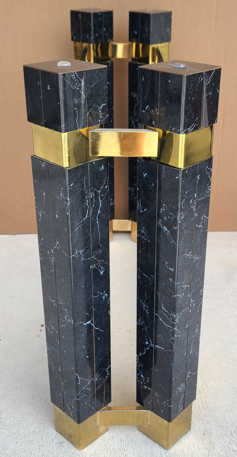 1980's Hollywood Regency Brass Faux Marble & Beveled Glass Console Table