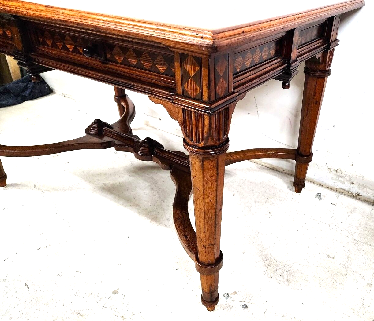 Antique Library Dining Table English 4 Drawer w Glass Top