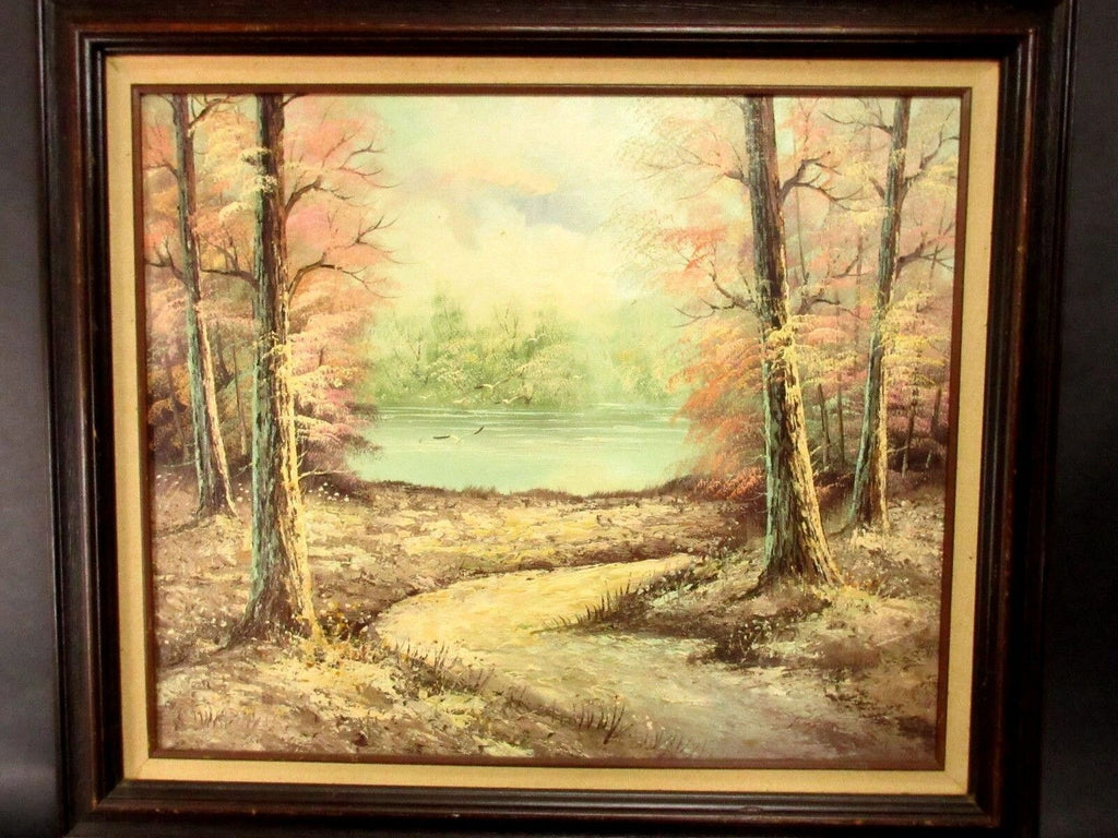 Vintage Oil Painting Woods Lake Path Landscape Signed Kingman