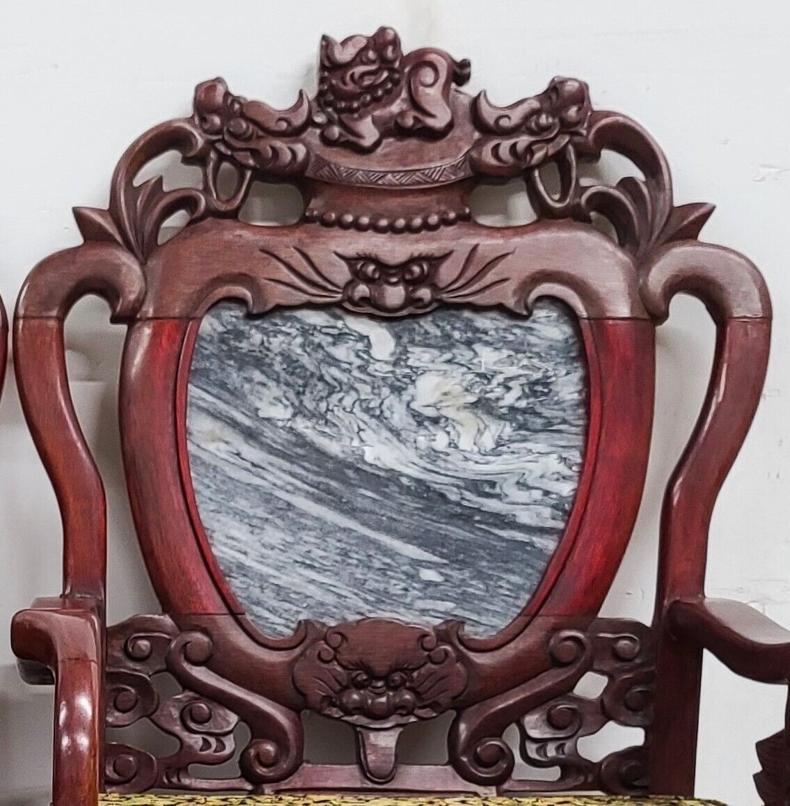 Mid Century Chinese Asian Rosewood & Marble Armchairs - A Pair